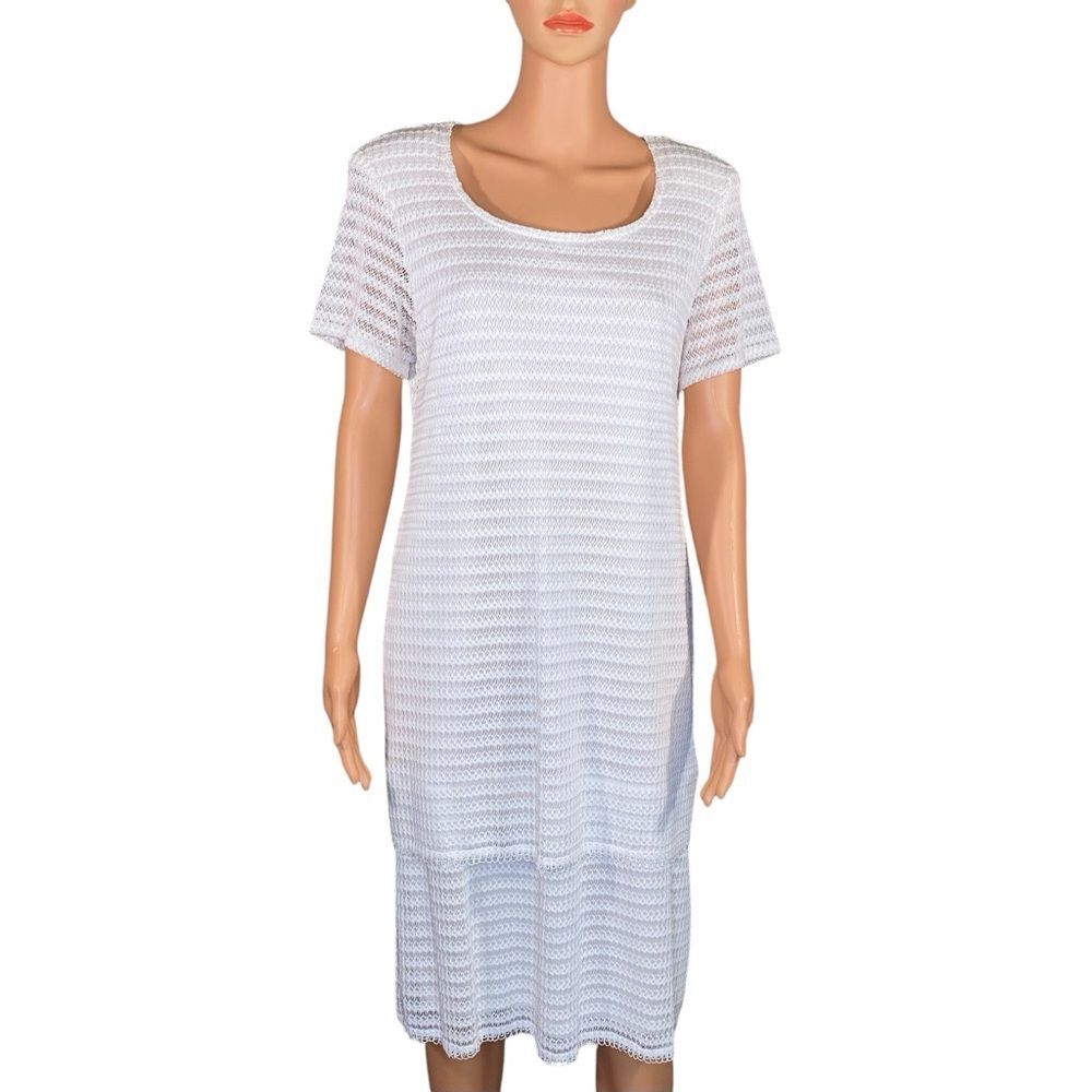 Helene Blake Midi Dress Lacey White Tiered Short Sleeve Plus SZ Round Neck SZ 16